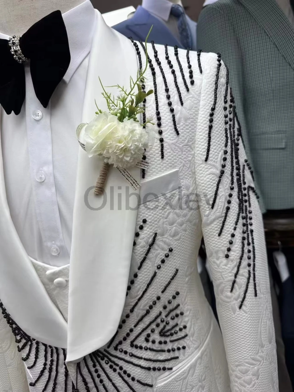 Olibexley White Men Suits 3 Pieces Sets Crystal Slim Fit Groom Wedding Tuxedos Male Party Blazer Ropa Hombre Customized S490