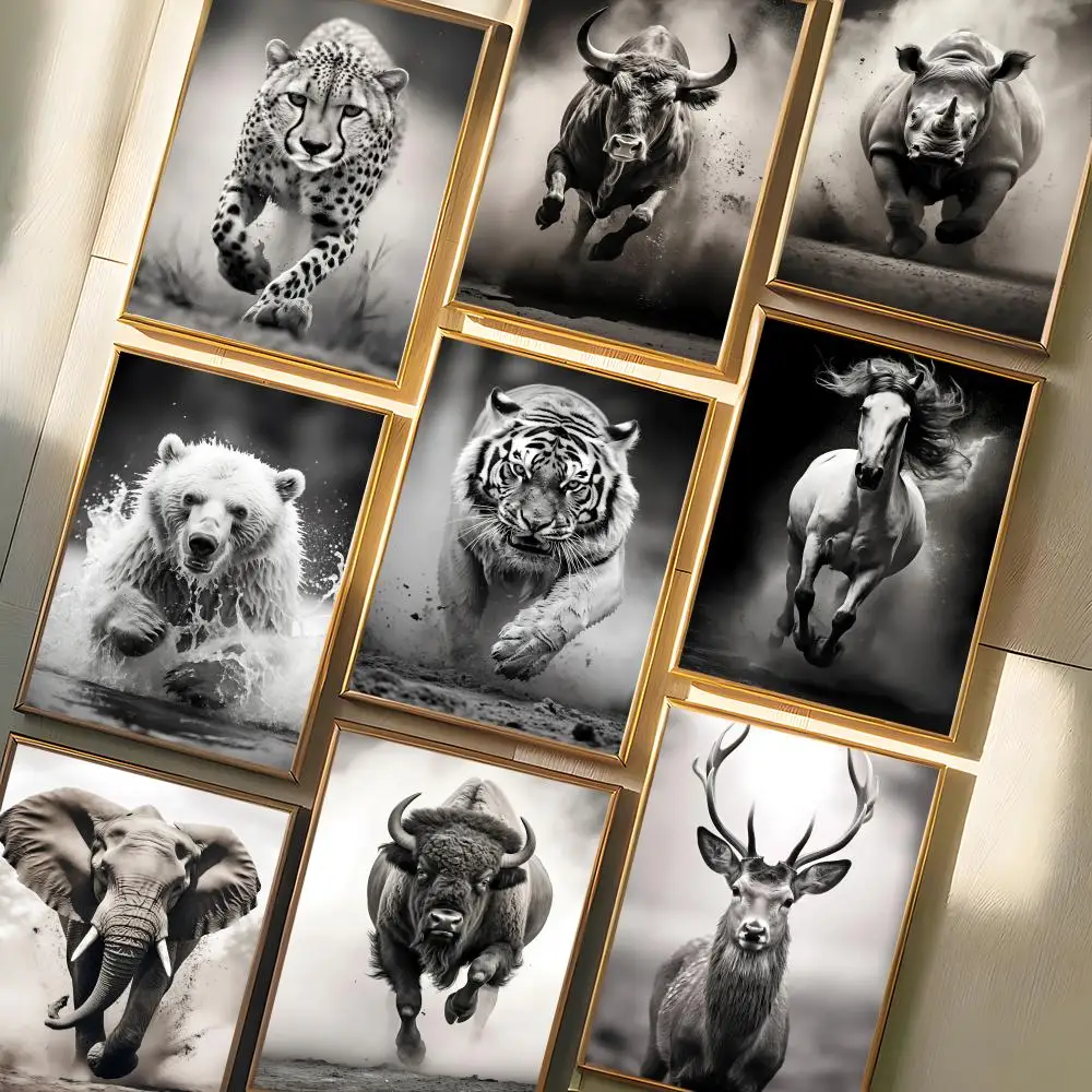 Black White Animal Tiger Elephant Deer Cheetah Bull Horse Poster Sticker For Living Room  Bar Home Decor Mural Painting Decora