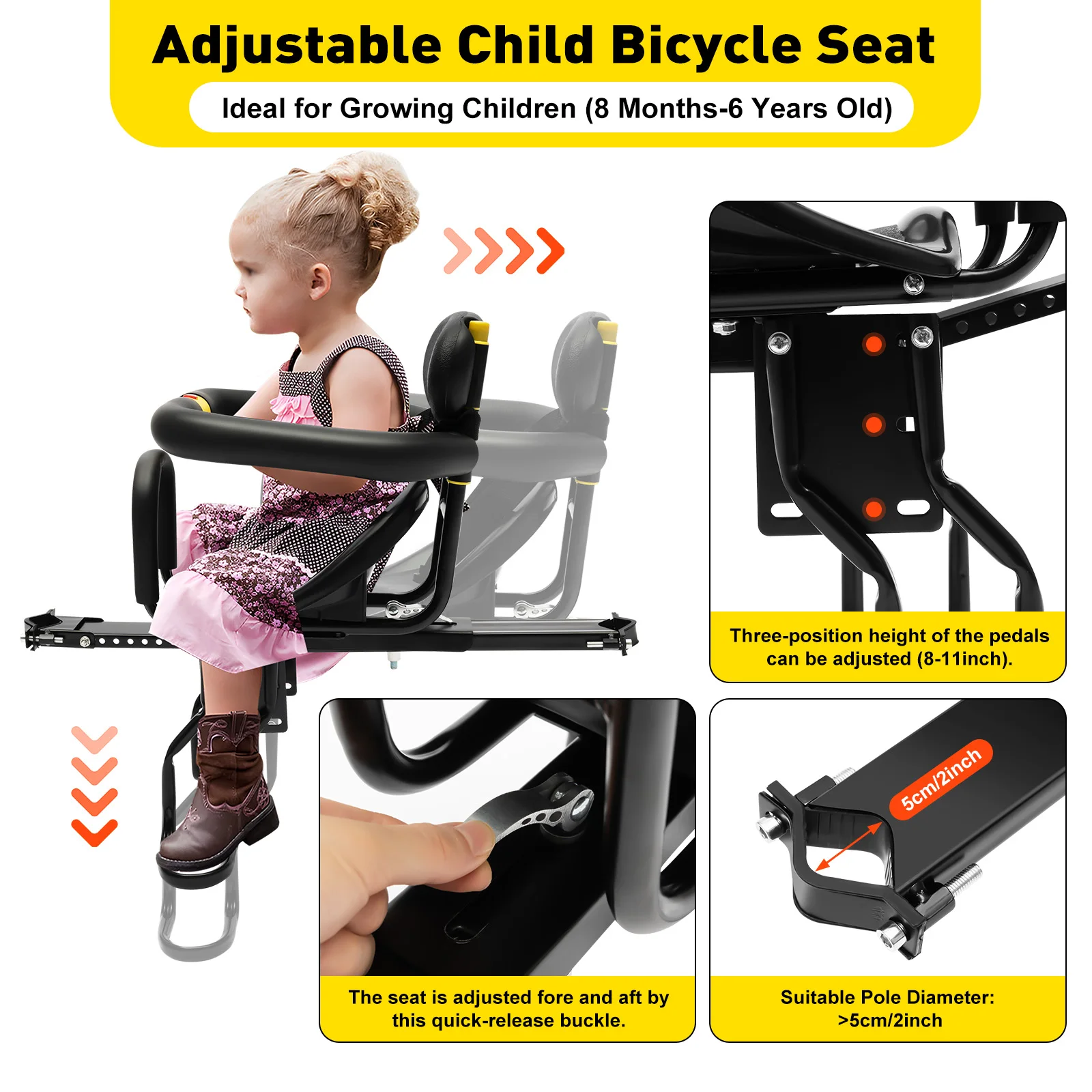 Kids Bike Seat Aluminum Alloy Child Bike Seat for Adult Bike Retractable Foldable Front Mounted Child Bike Seat with Foot Pedal image 5