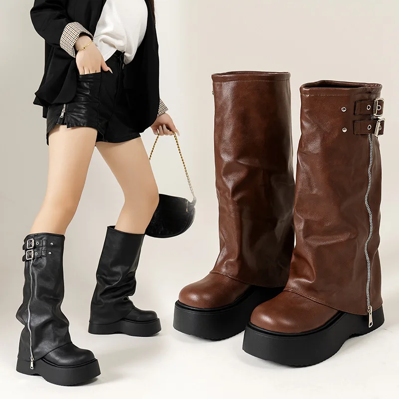 

2025 Fall Boots Women's Small Pants Tube Muffin Knight Boots Thick Bottom Increased Fat Girl Widened Middle Boots