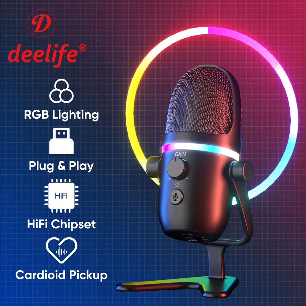 Deelife USB RGB Condenser Microphone Gaming Mic for Podcasts Broadcasting and Streaming PC Computer Laptop