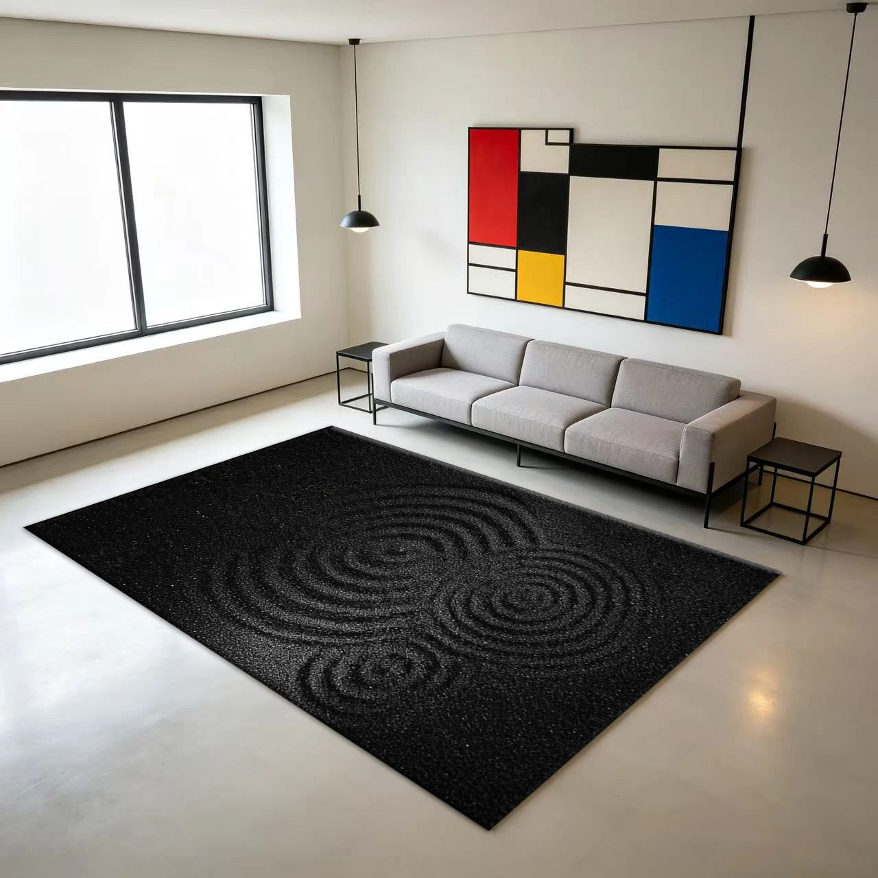 Black Texture Swirl Spiral Pattern Carpet Flooring, Minimal Dark Tone Non-Slip Area Rug for Entryway Bedroom Home Floor Decor