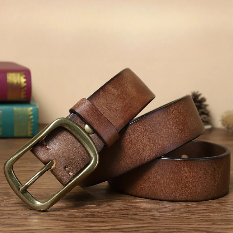 

3.8cm Men's Genuine Leather Belt Hand-rubbed First Layer Cowhide Detachable Brass Buckle Belt for Middle-aged And Young People