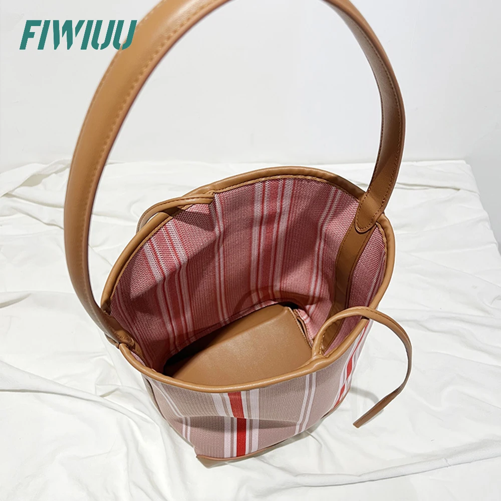 FIWIUU Mulheres Balde Ombro Saco De Emenda Canvas Bolsa Contrastante Stripe Bag Axilar Sacola Hobo Shopper