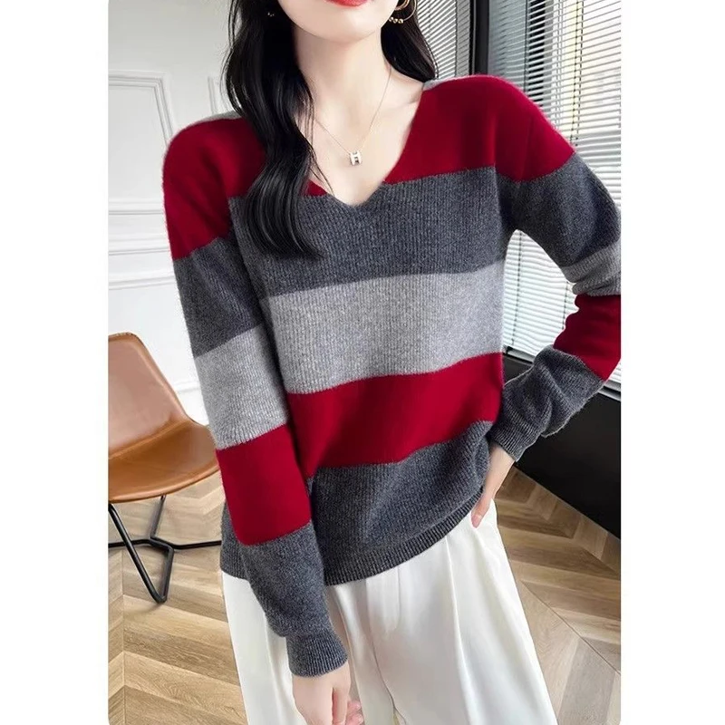 Frauen Koreanische Mode Kontrast Farbe Gestreiften Alle Spiel Gestrickte Pullover Herbst Winter Chic V-ausschnitt Langarm Lose Pullover Tops