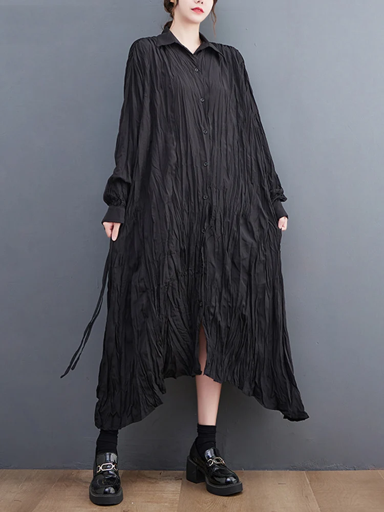 Irregular Black Vintage Pleated Shirt Dresses For Women New Loose Casual Long Sleeve Dress Elegant Clothing Spring Autumn 2024