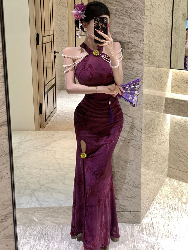 Robe longue en maille violette, motif Floral floqué, mode d'été, Chic, perles, col monté, Sexy, élégante, robe de soirée de luxe, 2025