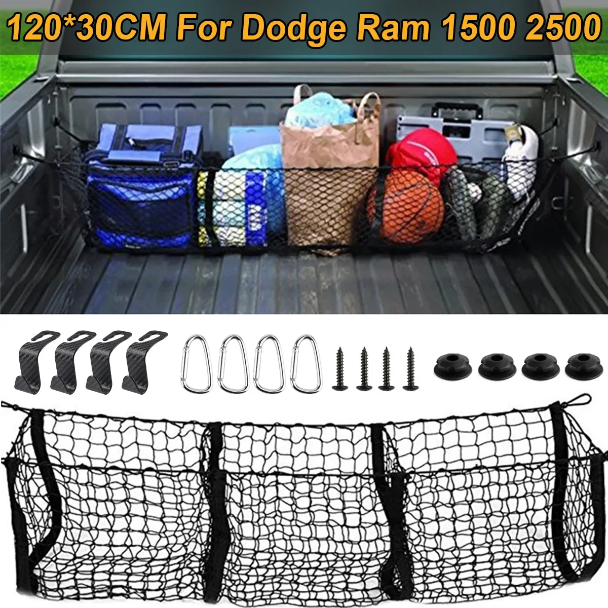 For Dodge Ram 1500 2500 3500 4500 5500 Pickup Van 3/4 Pocket Cargo Net Trunk Luggage Storage Organiser Mesh Car Accessories