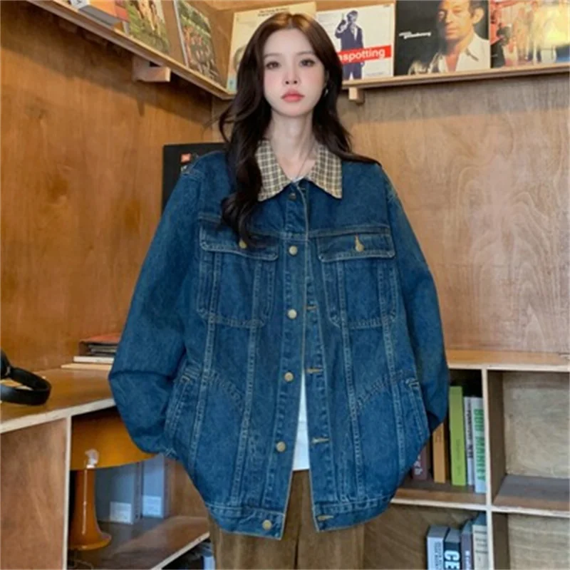 

Женская джинсовая куртка в клетку, свободная синяя куртка-поло в винтажном гонконгском стиле, с воротником в стиле пэчворк, Корейская версия на осень, 2023