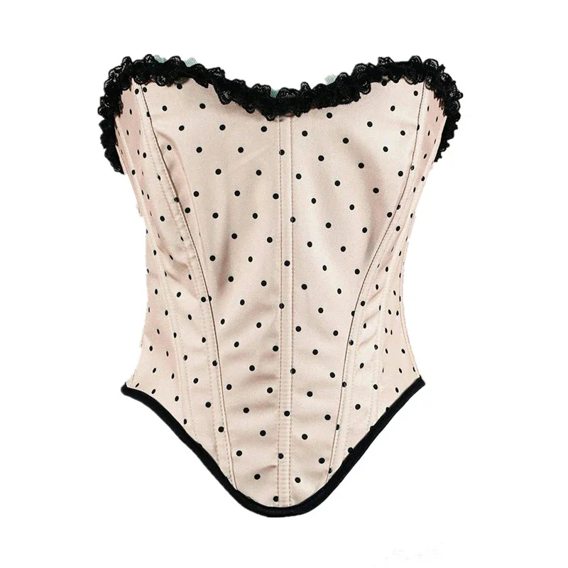 Women Dot Pattern Overbust Corset Top Sexy Fishbone Boned Bustier for Everyday with Ribbon Edges Lace Up Gothic Stage Wear