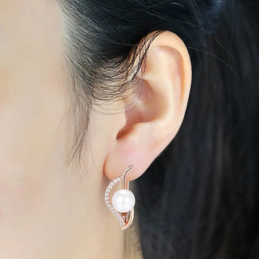 Davieslee Elegant 585 Rose Gold Color Earrings For Women Leaf Shaped Simulated Pearl Fashion Jewelry Dropshipping DGE172