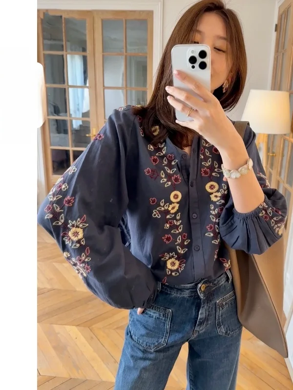 

Женская рубашка HEIDD с длинным рукавом и круглым вырезом, с тяжелой вышивкой и цветочным узором, из хлопка, в повседневном стиле, осень 2025