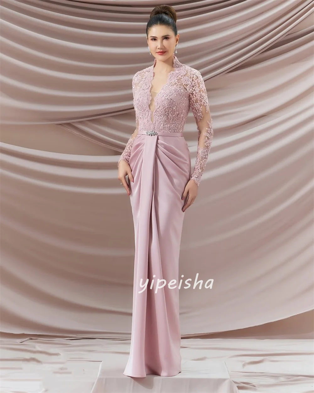 Customized Intricate Formal Jersey Rhinestone Applique Sash Mermaid V-neck Long Dresses Bespoke Occasion Dresses Sizes Available