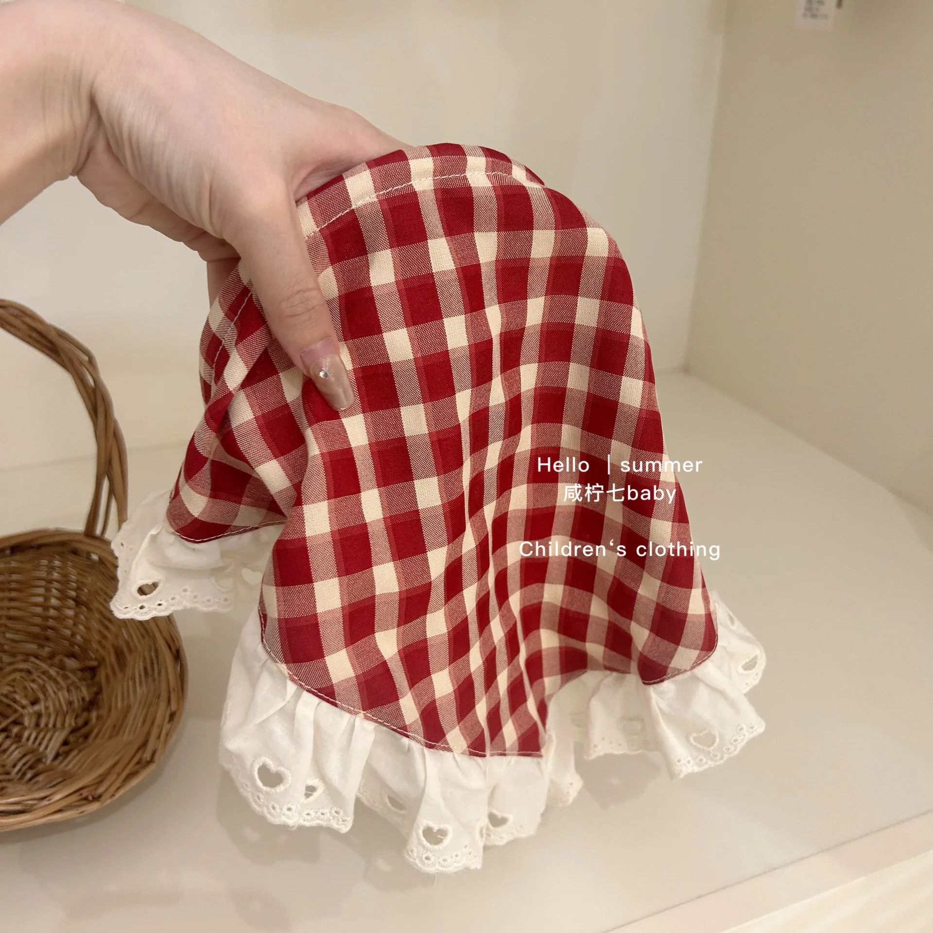 Children Clothing Girls Red Plaid Fake Two-piece Dress 2024 Summer New Children Baby Bow Vest Dress with Headscarf