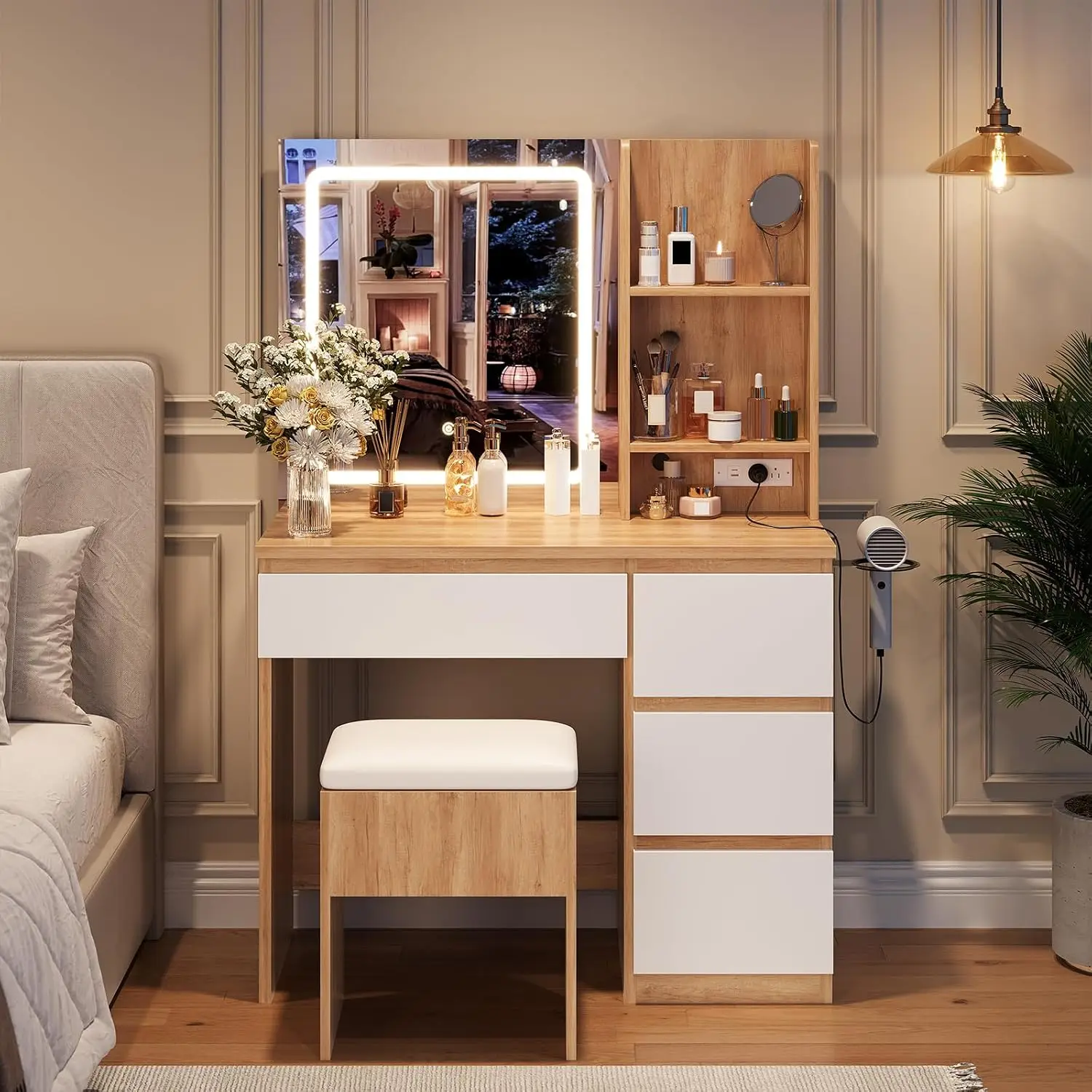 Makeup Vanity Desk with 3-Color LED Lighted Mirror & Charging Station, Vanity Set with 4 Drawers, Storage Stool, Open Shelves & Hair Dryer Holder, Dressing Table for Bedroom, Bathroom & Dorm