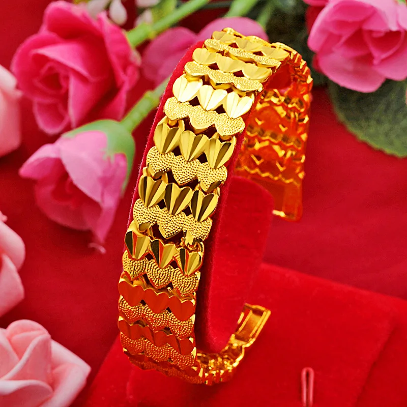 

Women's Fashion Hollow 9999 24K Real Gold 24K Double Row Peach Heart Watch Chain Women's Double Layer Love Bracelet