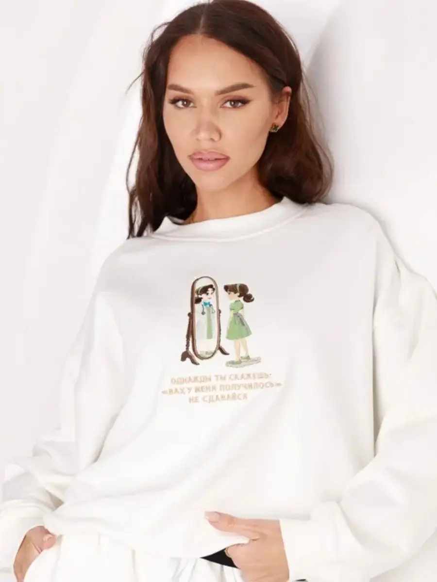 Russian Fashion Fun Comics Printed Unique White Sweatshirts Women Sweet Cute Streetwear Tops Trendy Autumn Y2k Clothes