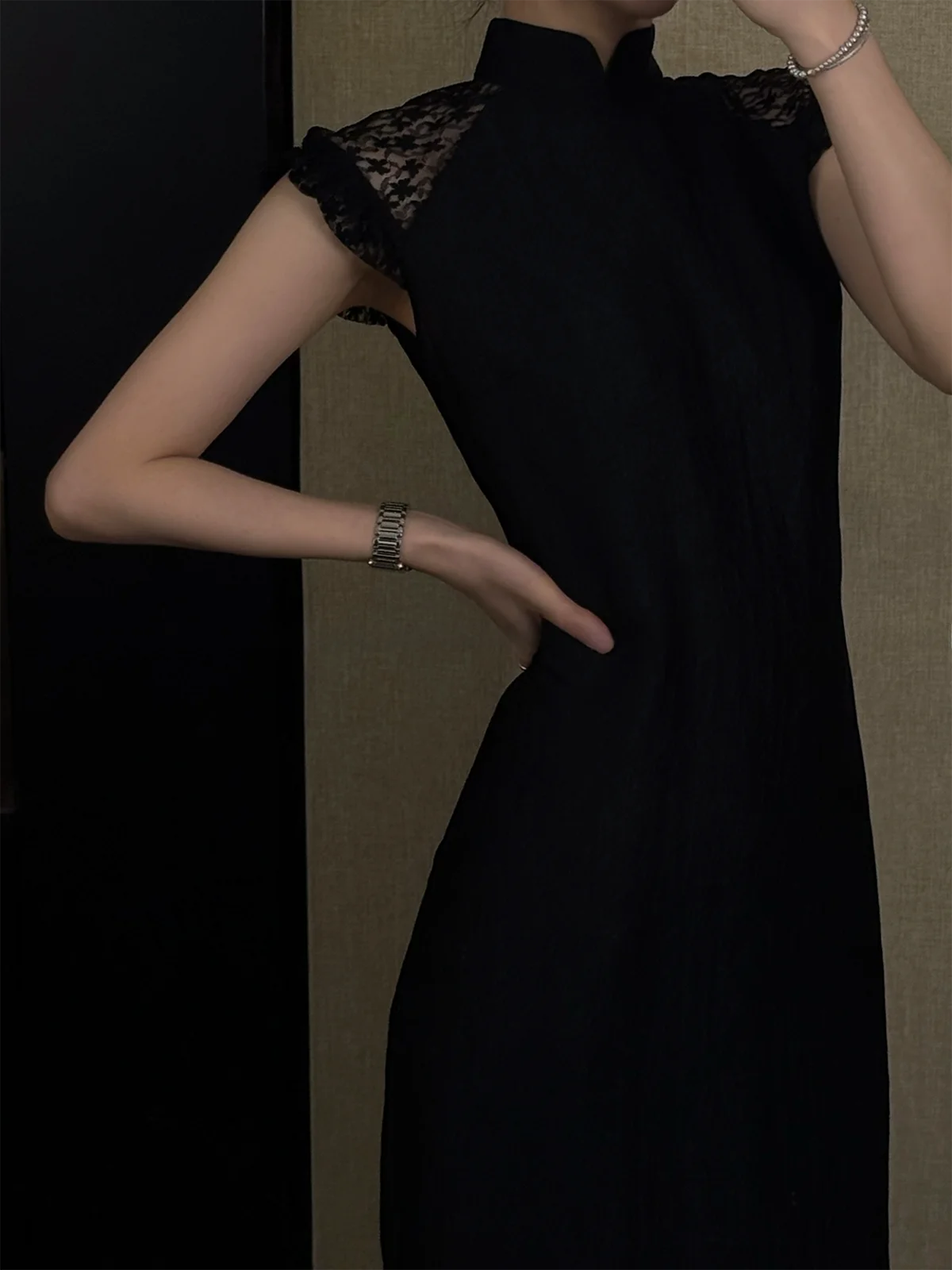 

Xu Zhi Xing Limited Edition Bla Lace oulder Drape Improved Dr l Texture Sensation Long Sve Long Dr