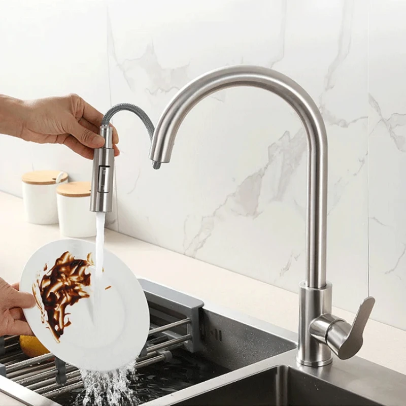 Brushed Gold Kitchen Faucet Pull-Out Sprayer 360 ° Rotation Single Handle Mixer Gold Pull-Out Kitchen Tap