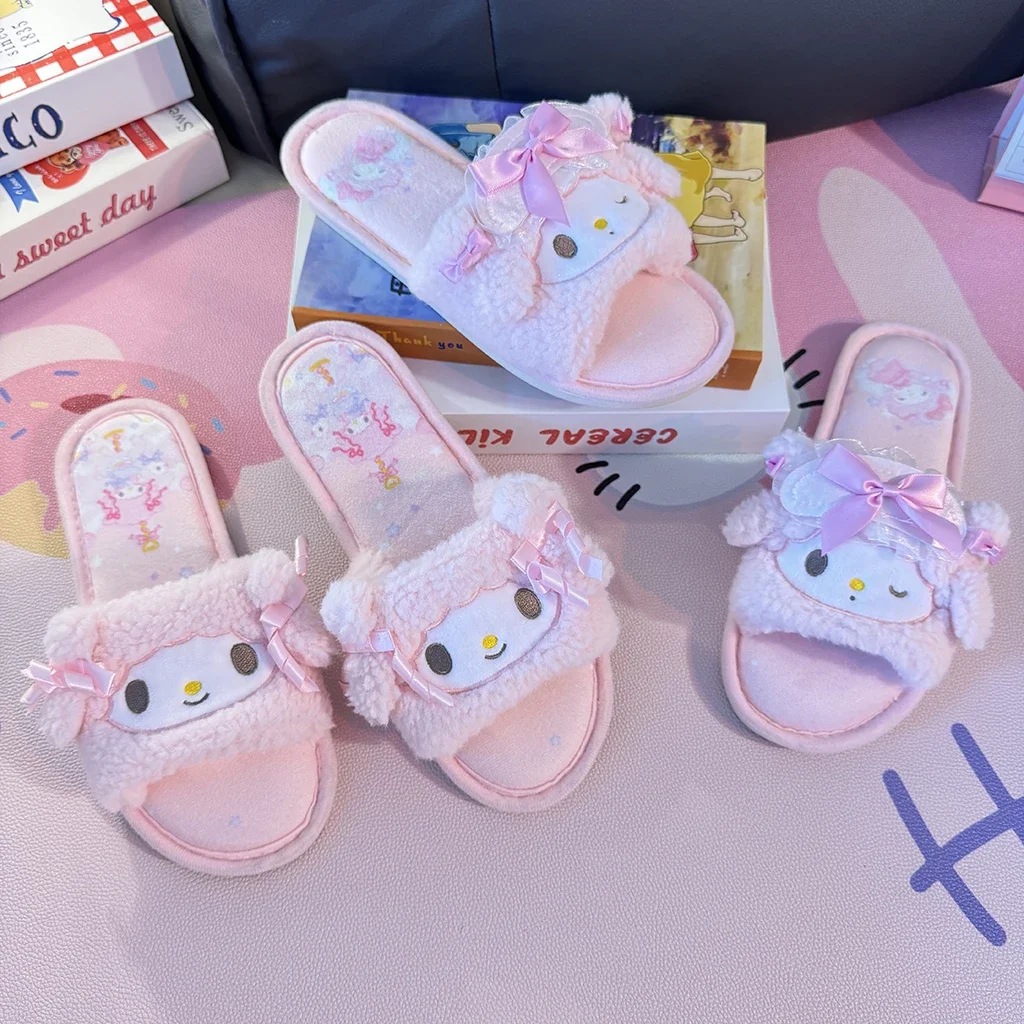 Cartoon My Melody Slippers Women My Sweet Piano Indoor Kawaii Warm Plush Home Slippers Girl Open-Toe Flat Heel Non-slip