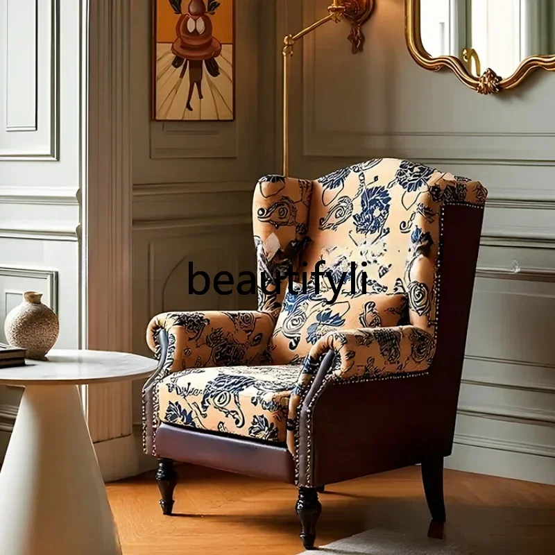 

FG26retro style blue and white tiger chair fabric leather splicing leisure chair living room high back single sofa chair