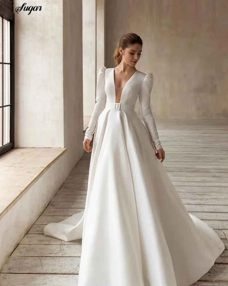 Classic White Satin Wedding Dresses A-Line Bridal Gowns V-Neck Long Sleeves Robes For Formal Party 2024 Vestidos De Novia