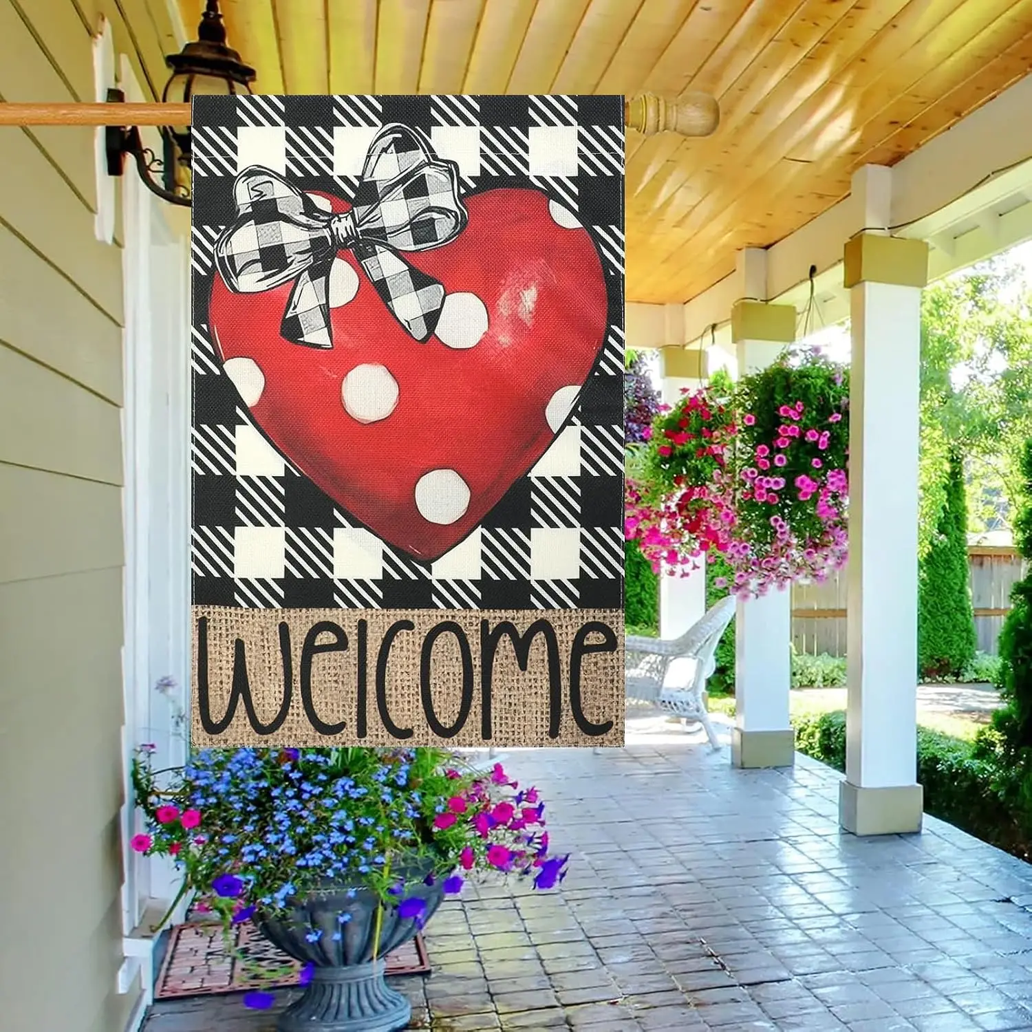 Love Heart House Flags 28x40 Double Sided, Welcome Large Garden Flag for Outside Decor, Holiday Yard Flag Outdoor Seasonal D PPZ