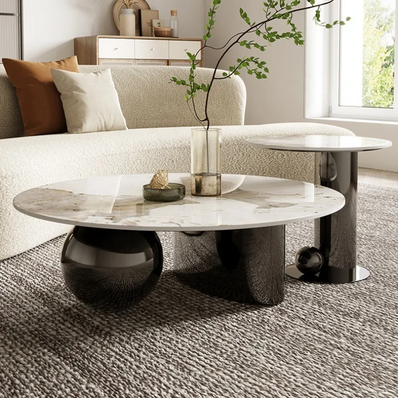 luxury stainless steel base stone top round coffee table and side table combination for living room sofa center table