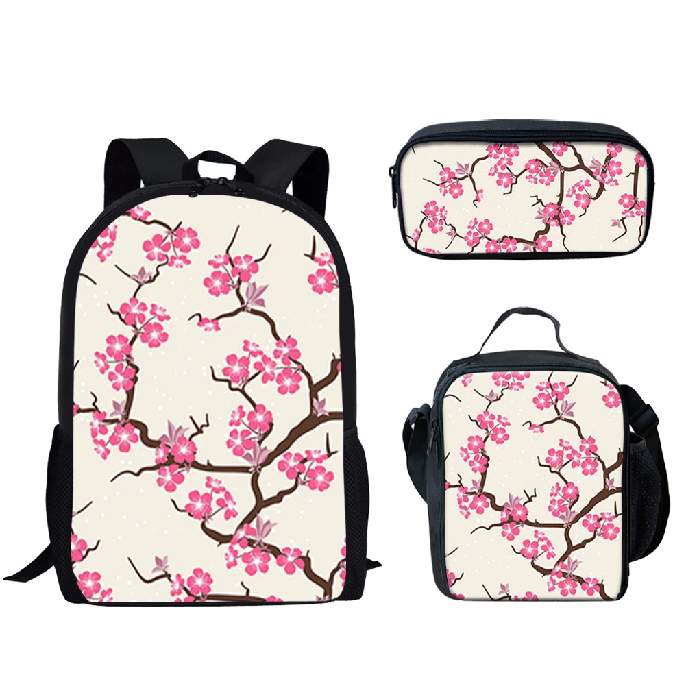 Japanese Cherry Blossom Print Student School Bag, Lightweight Campus Storage Backpack para Meninos e Meninas Adolescentes, Book Bag, 3pcs por conjunto