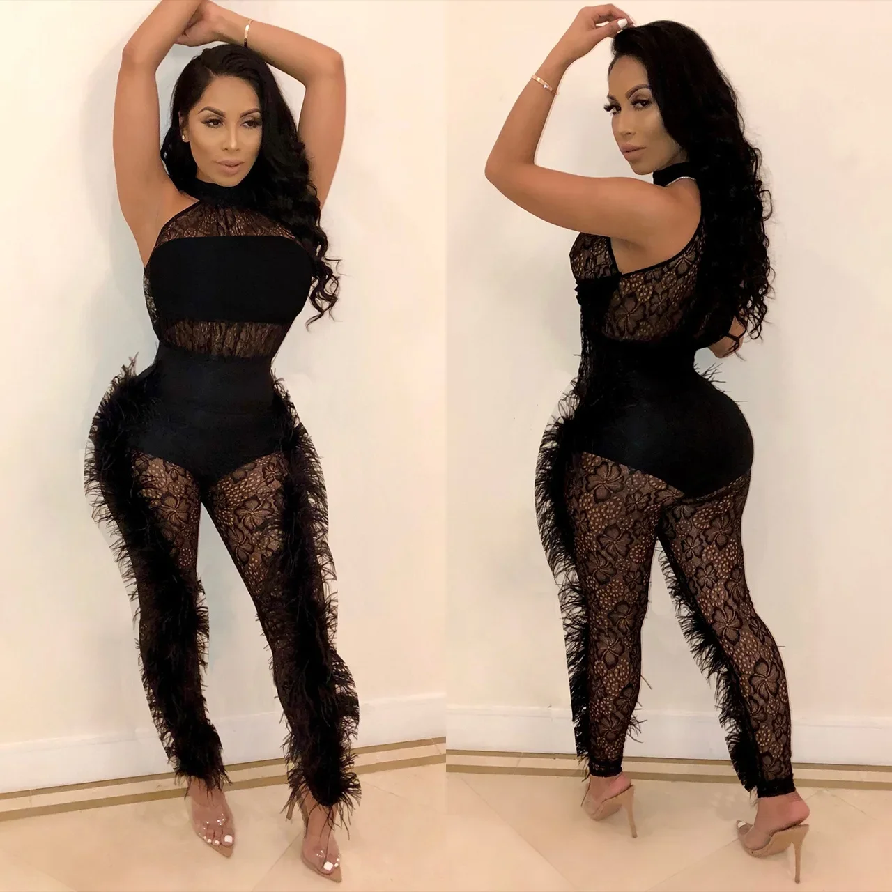 XIZOU Fashion Women Sleeveless Lace See Though Fur Side Skinny Stretchy Jumpsuit Streetwear Sexy One Piece Suit INS Playsuits