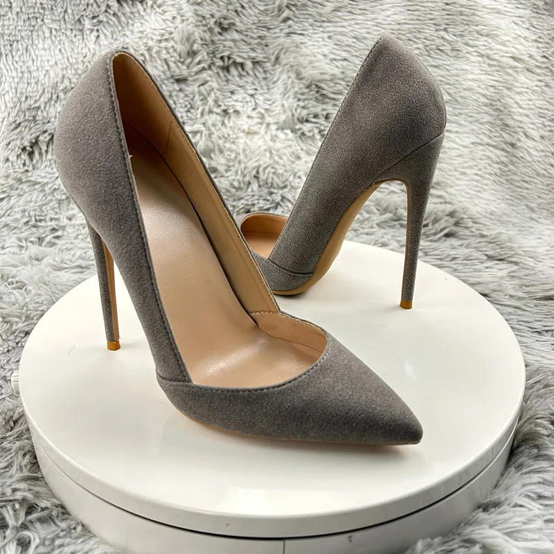 Grey suede surface Stiletto Heels Pumps Women Gorgeous Metal Nail Pointy Evening Shoes Fashion Office Ladies Outfit Elegant