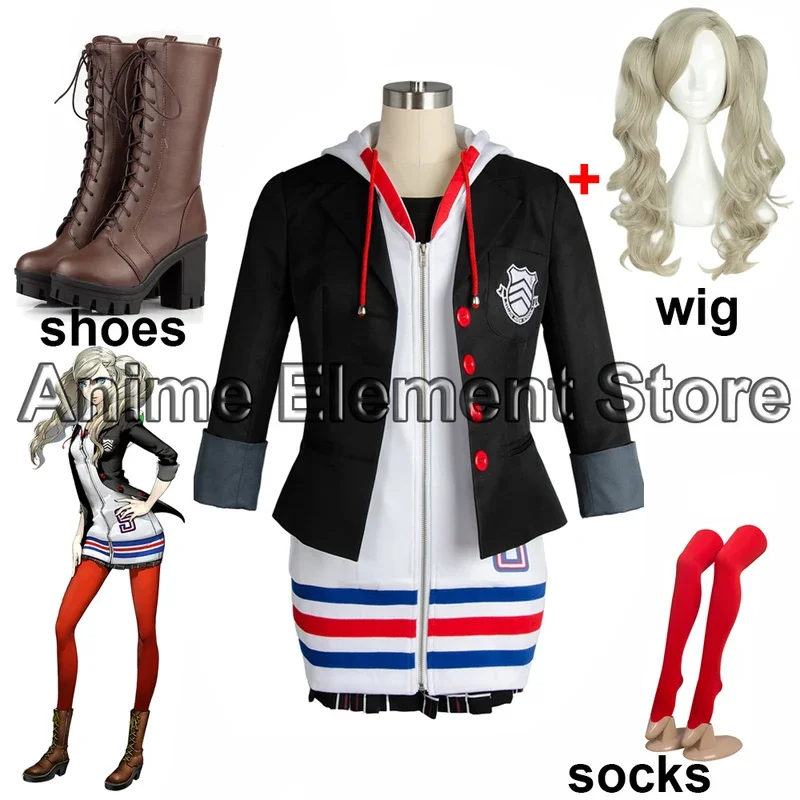 

FC6Persona 5 Anne Takamaki Cosplay Costume Wig Christmas Halloween Party Jacket Coat Dress Skirt Stockings Girl Women Outfi@FC8！