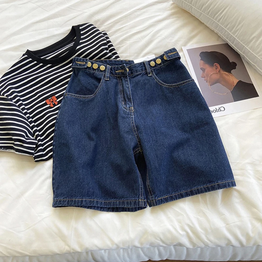 

Adjustable Denim Shorts Women Summer high Waisted Loose Wide Leg Pants Versatile Blue Straight Leg Jean Half Pants Trendy