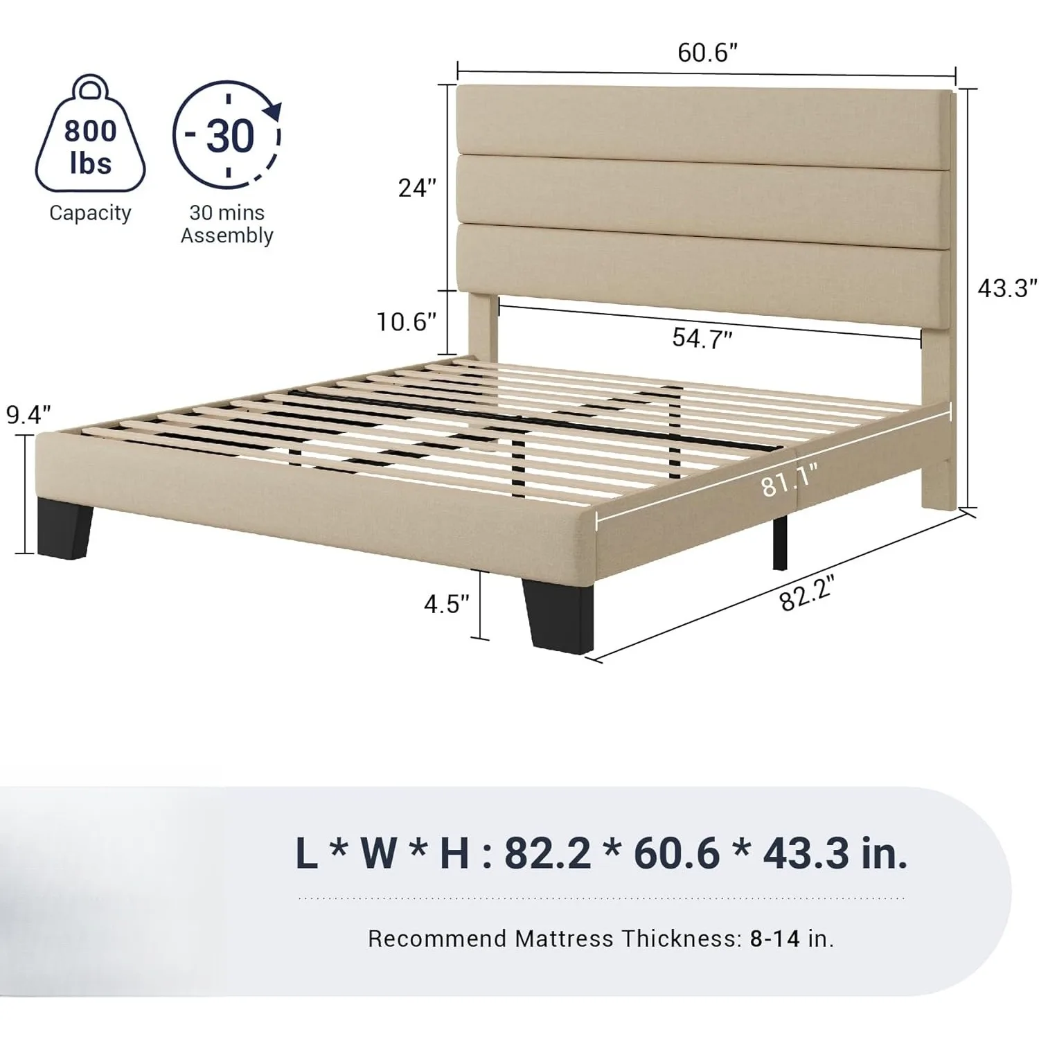 Estrutura de cama com plataforma queen size, cabeceira estofada em tecido e ripas de madeira esportivas, tapetes totalmente forrados