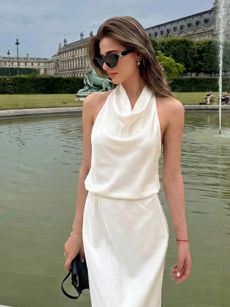 

HH Women Fashion Halter Neck Satin Tops Sexy Backless Slim Party Vest Top Summer Holidays Vacation Trend Lady Y2k Tops