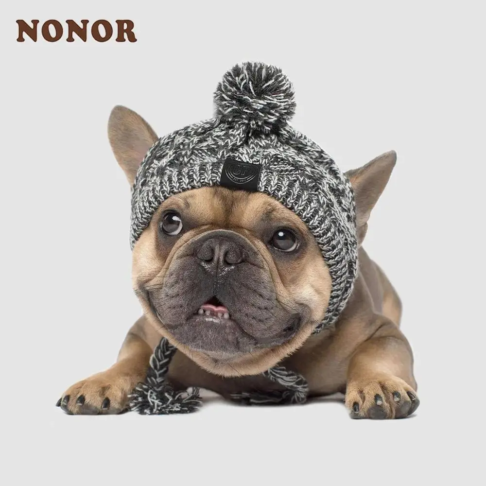 NONOR Winter Warm Dog Hats Windproof Knitting French Bulldog Hat for Dogs Chihuahua Hat Fluffy Ball Puppy Accessories Pet Hat