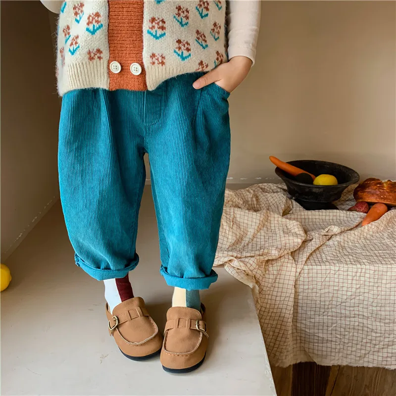 

Children's Blue Trousers 2022 Fall New Boys and Girls Corduroy Trousers Rolled Casual Pants Mid Waist Tendon Pants