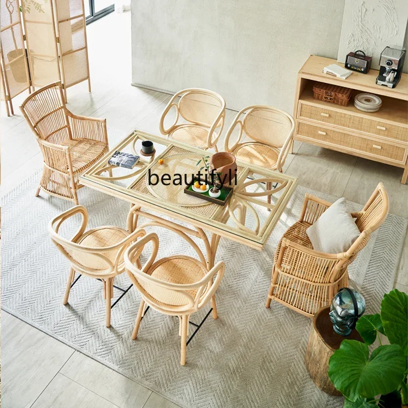 P178 Table à manger entièrement en rotin Tables à manger et chaises tissées en rotin ensemble hôtel Restaurant Table à manger rectangulaire Villa