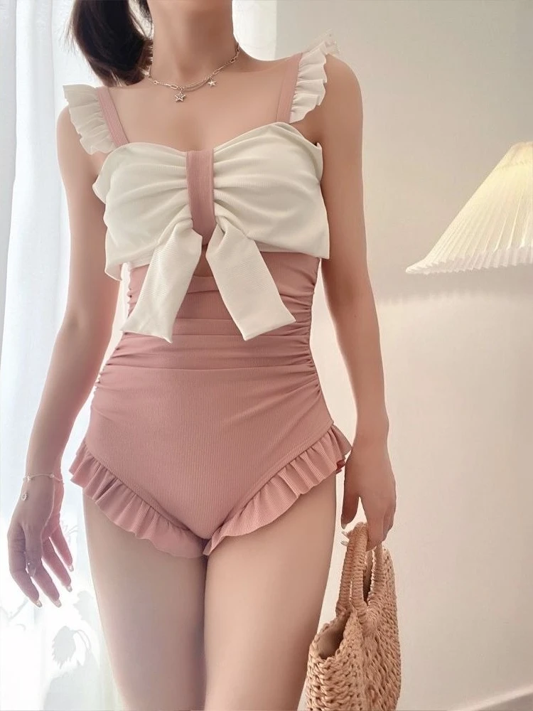 Cute Bowknot Detail Swimwear Ladies Elegant Backless One Piece Swimsuit Soft Pastel Color Swim Costume for Water Activities view 3