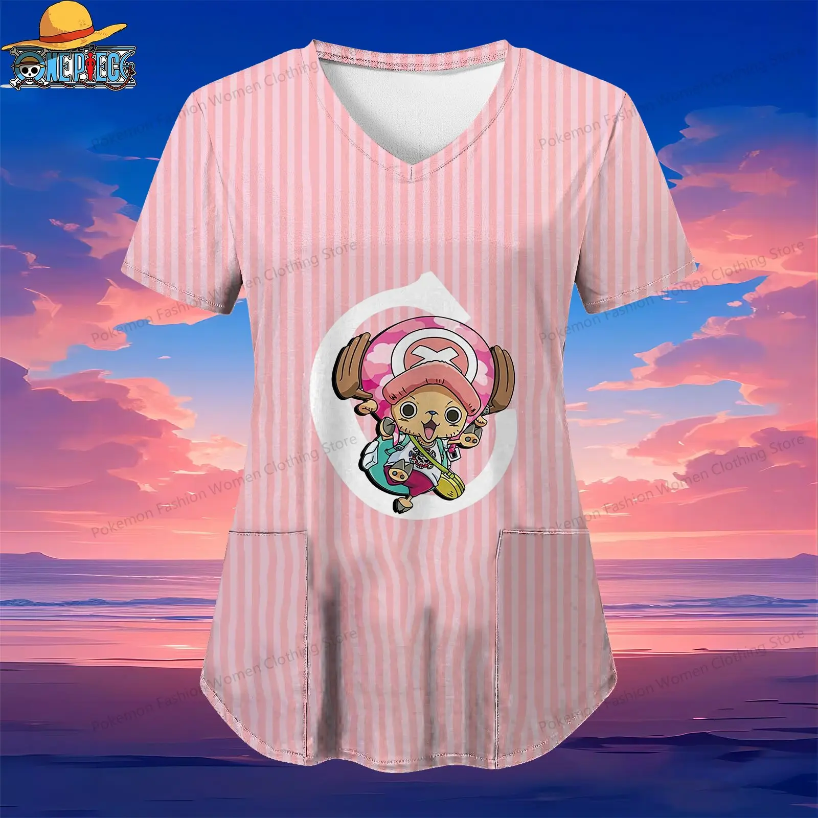 

Women's V Neck Nurse Uniform T-Shirt One Piece Pocket Short Sleeve Tee S-2XL Kawaii Luffy 2024 Anime Y2k Street Wear Top Summer