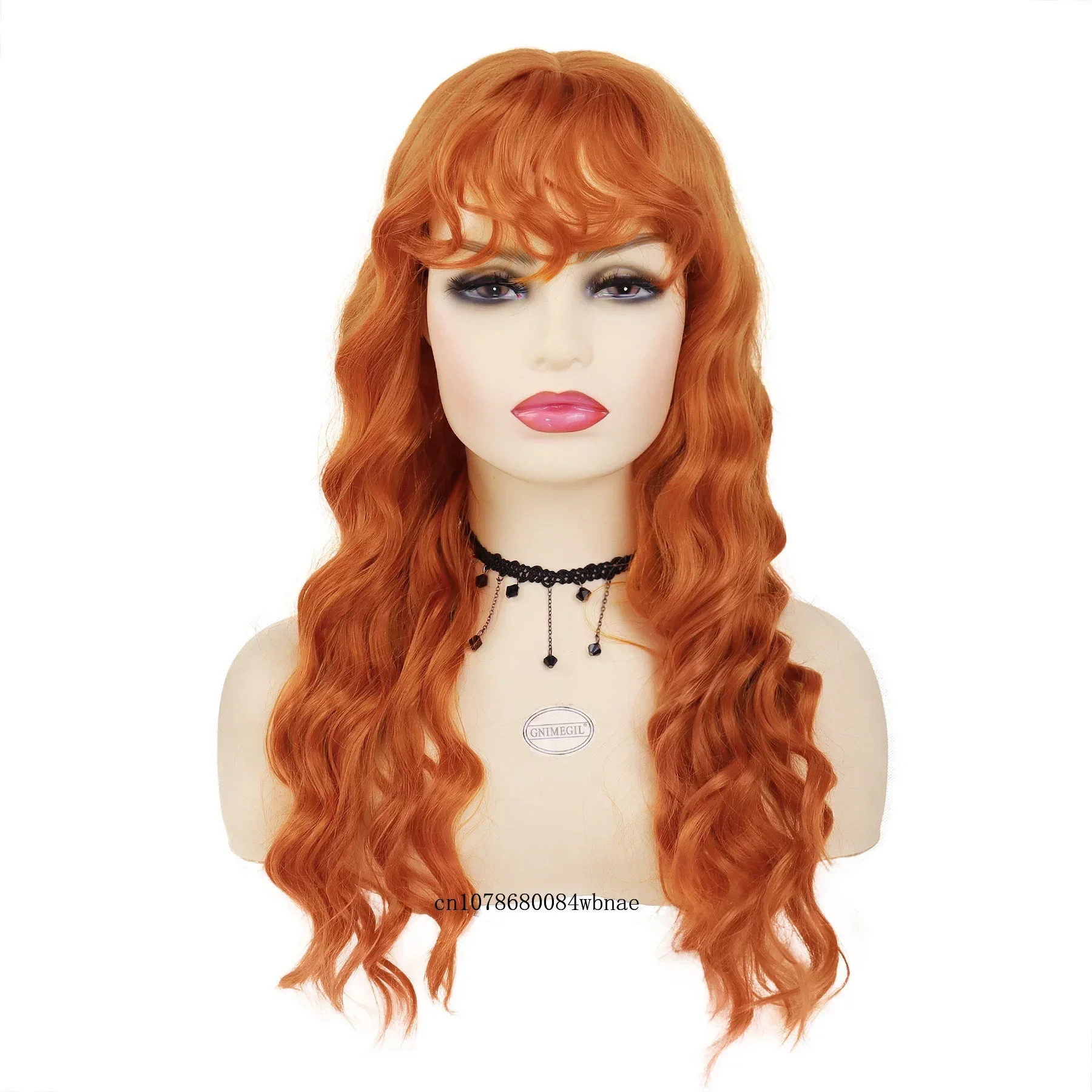 Orange Halloween Wig with Bangs Synthetic Long Curly Wavy Wigs for Women Natural Looking Cosplay Party Costume Heat Resistant