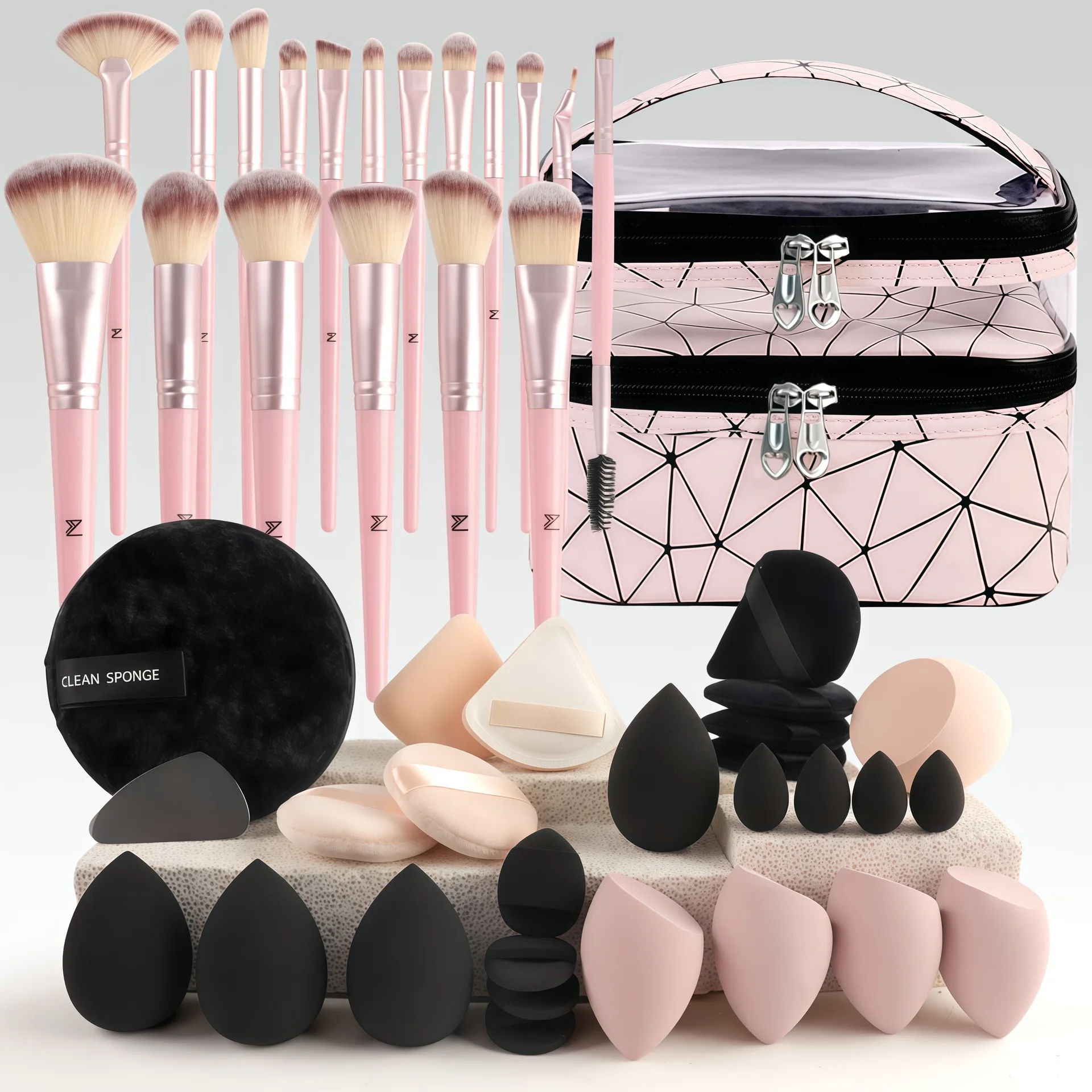 Éponges de maquillage humides/seces à double usage, ensemble d'outils cosmétiques avec pochette cosmétique de voyage, 46 pièces