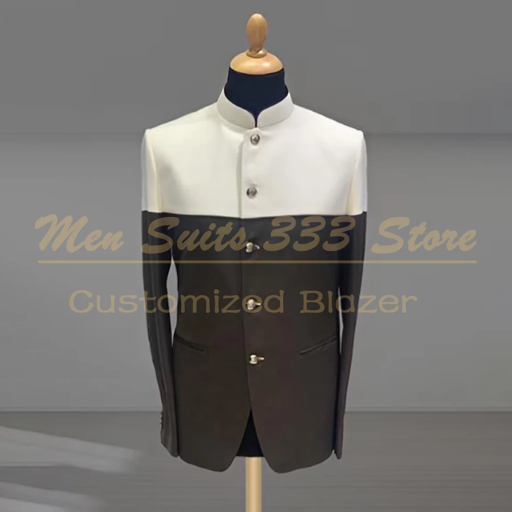 

Customized Men's Suits Trendy Stand Lapel Nehru 2 Piece Jacket With Black Pants Sets High Quality Business Male Outfits