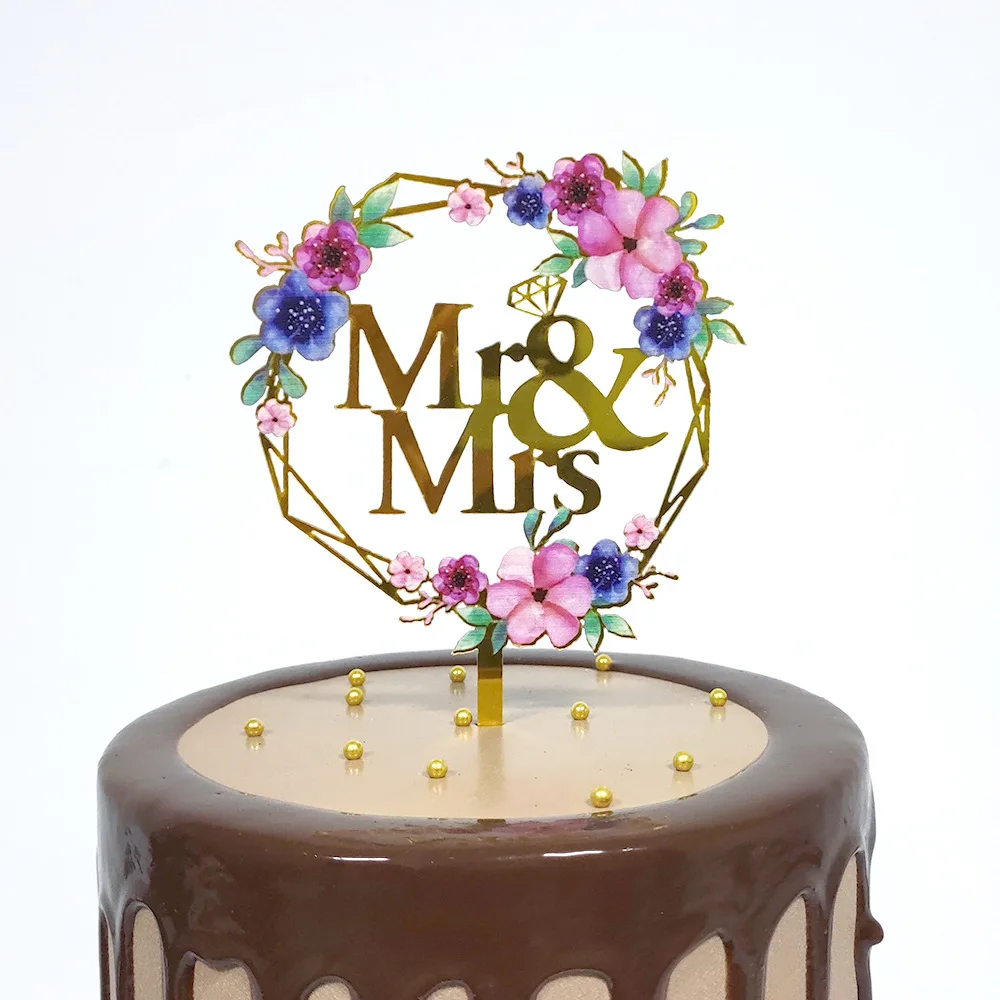 Color Mrs & Mrs Wedding Party Cake Toppers Gold Flowers Acrylic Bride and Groom Cake Toppers for Happy Wedding Cakes Decoration