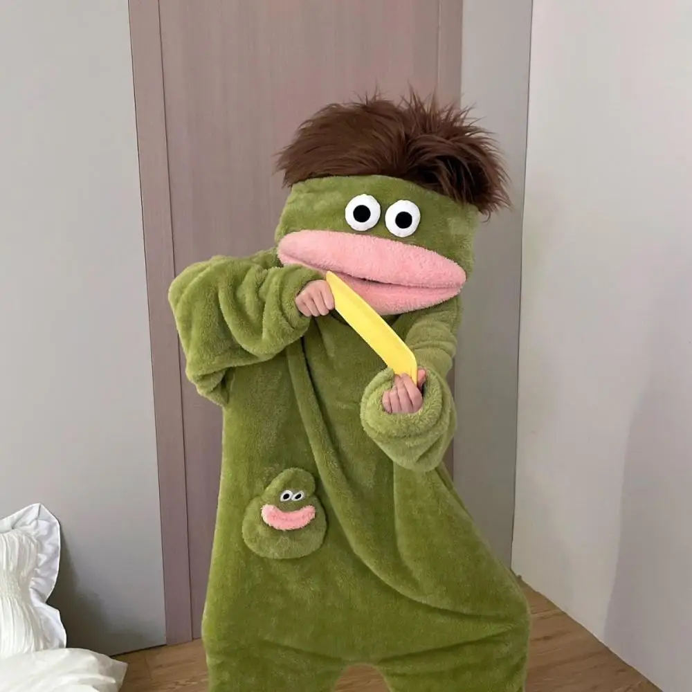 New Big Mouth Monsters Cute Funny Jumpsuit Pajamas Couple Coral Fleece Homewear Men Women Autumn Winter Cartoon Loungewear Gift