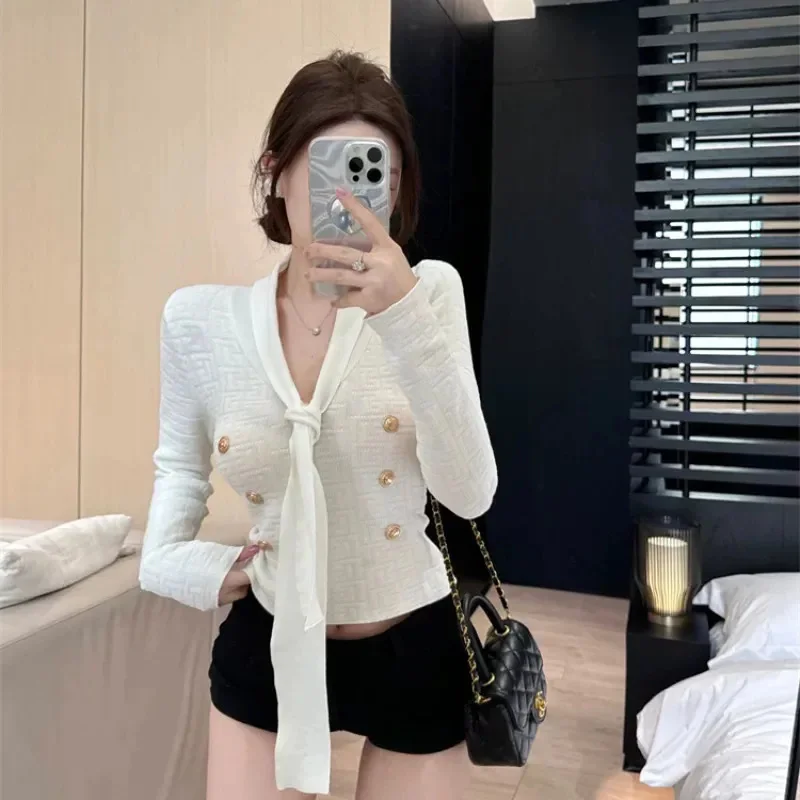 Sweter damski z dekoltem w serek, żakardowy, z wstążką, długi rękaw, dzianina, topy, wiosna-jesień, designerski, pulower, 2026