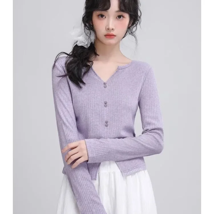 

Женский свитер с v-образным вырезом и длинными рукавами, весна-осень 2021, новый стиль, с разрезом подол, чтобы сделать них выглядеть тонким и шикарным топом