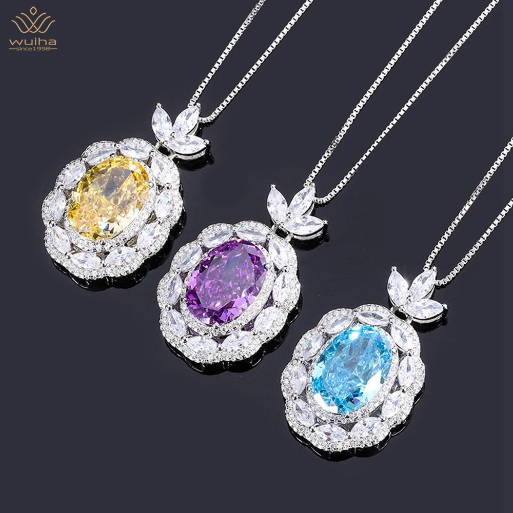 

WUIHA 925 Sterling Silver Oval 10*14MM Fancy Vivid Sapphire Gemstone Pendant Necklace for Women Anniversary Gifts Drop Shipping