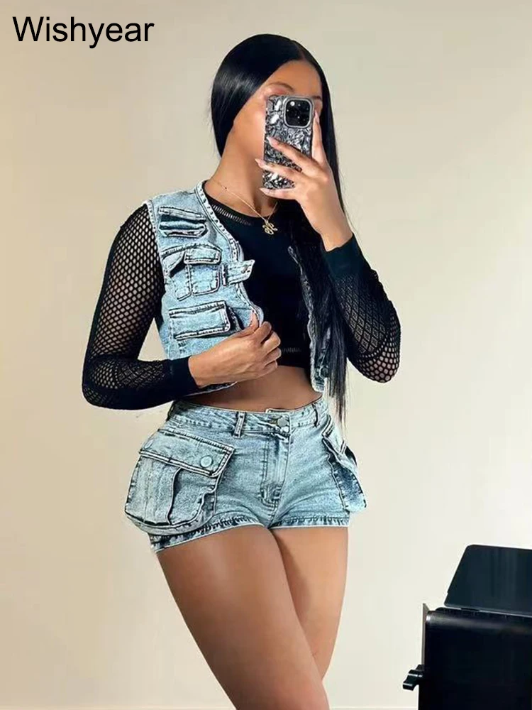 Sexy Stretch Denim Pockets Sleeveless Vest Jackets Crop Tops and Shorts Jeans Women Two 2 Piece Set Birthday Club Beach Outfits