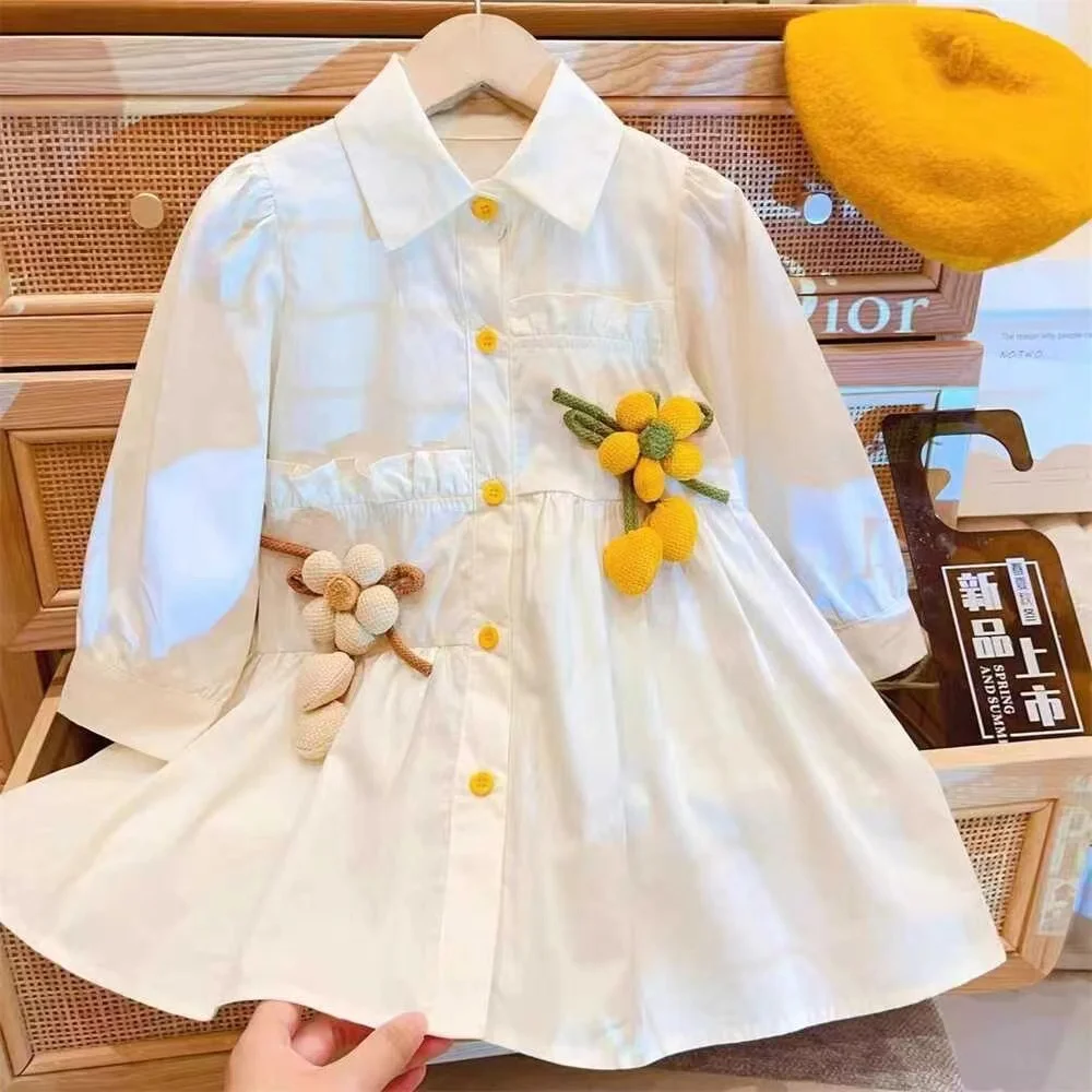 

Spring Autumn Western Style Girls Shirt Dress Long Sleeve Little Girl Three-dimensional Flower Waist Single-breasted Dress Tide